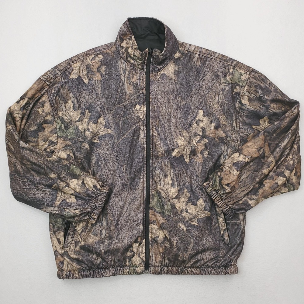 Camo Jacket Mens Large Brown Black Reversible Full Zip Hunting Windbreaker Bombe
